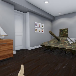 May include: A camouflage-patterned bed frame shaped like a tank with a cannon on the front. The bed is in a child's bedroom with a wooden dresser, a sailboat model, and framed pictures on the wall.