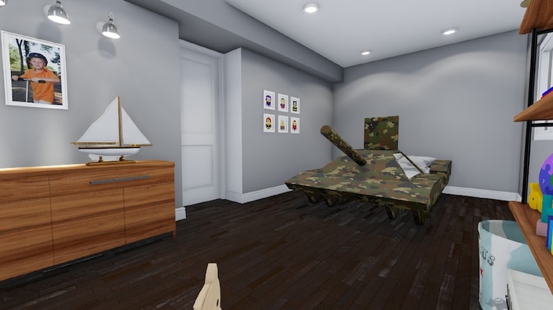 May include: A camouflage-patterned bed frame shaped like a tank with a cannon on the front. The bed is in a child's bedroom with a wooden dresser, a sailboat model, and framed pictures on the wall.