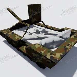 May include: A camouflage-patterned bed frame with a white mattress and pillows. The bed frame is shaped like a tank with a cannon on the front.