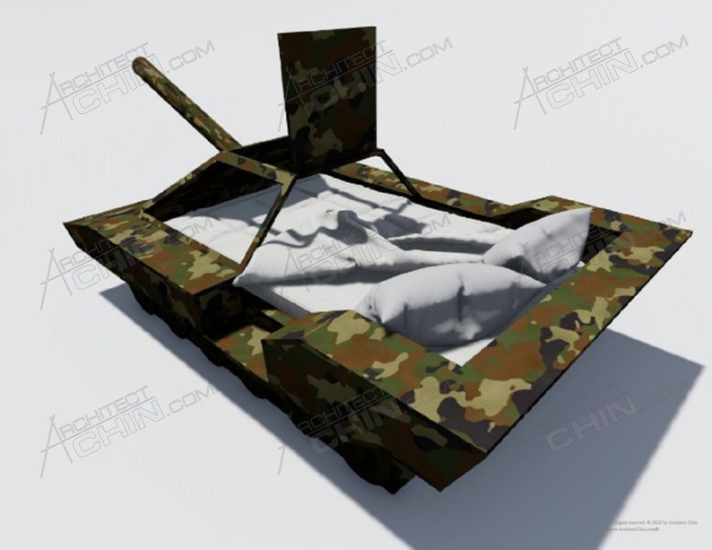May include: A camouflage-patterned bed frame with a white mattress and pillows. The bed frame is shaped like a tank with a cannon on the front.