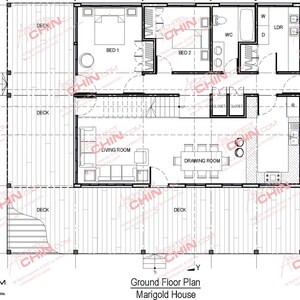May include: A black and white floor plan of a house called "Marigold House". The plan shows two bedrooms, a living room, a dining room, a bathroom, and a deck. The plan also includes the text "Ground Floor Plan" and "Scale - 10th Feb".