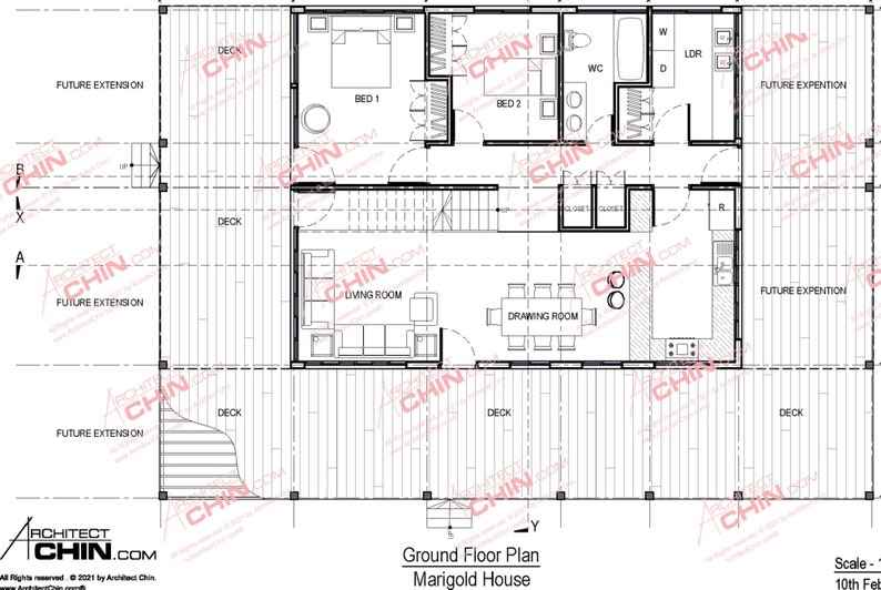 May include: A black and white floor plan of a house called "Marigold House". The plan shows two bedrooms, a living room, a dining room, a bathroom, and a deck. The plan also includes the text "Ground Floor Plan" and "Scale - 10th Feb".