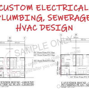 May include: A black and white blueprint for a house with the title "Lavender House - Ground Electrical Plan - Lighting" and a scale of 1/8" = 1'-0".