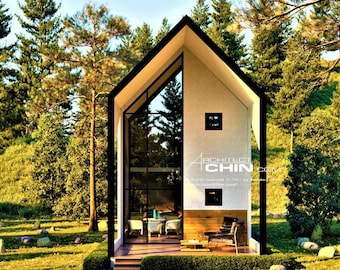 May include: A modern, single-storey house with a black roof and large windows. The house is surrounded by trees and green grass. The text "ARCHITECT CHIN.COM" is visible on the side of the house.