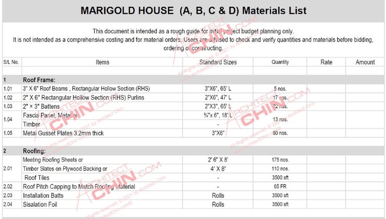 May include: A materials list for a Marigold House project, with a table listing the items, standard sizes, quantity, rate, and amount. The list includes items like roof beams, battens, roofing sheets, and insulation.