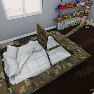 May include: A camouflage-patterned bed shaped like a tank with a white bedspread and pillows. The bed is in a child's room with a shelf full of toys.