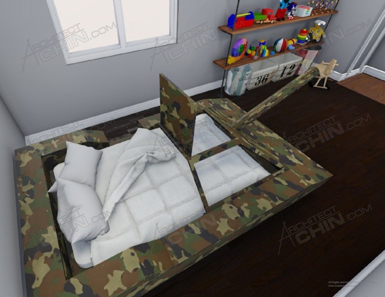 May include: A camouflage-patterned bed shaped like a tank with a white bedspread and pillows. The bed is in a child's room with a shelf full of toys.
