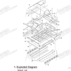 May include: Exploded diagram of a vehicle with numbered parts. The diagram shows the vehicle's frame, body, wheels, and other components. The scale of the diagram is 1/40.