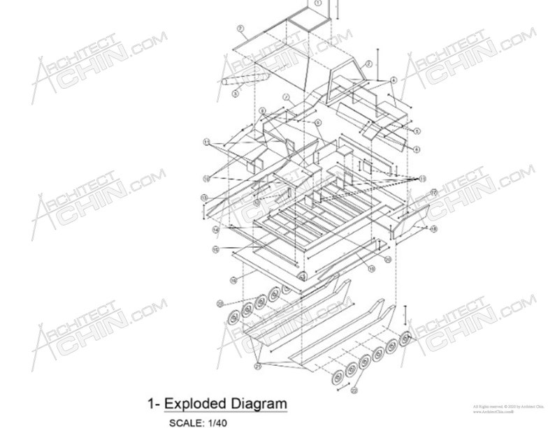 May include: Exploded diagram of a vehicle with numbered parts. The diagram shows the vehicle's frame, body, wheels, and other components. The scale of the diagram is 1/40.