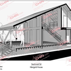 May include: A black and white line drawing of a house with a large roof and a deck. The house is cut in half to show the interior, which includes a staircase and a large window. The drawing is labeled "Sectional 3d Marigold House" and "Scale - 1:20 10th February 2021".