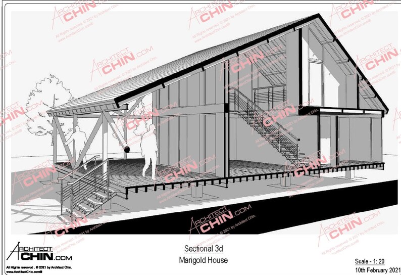 May include: A black and white line drawing of a house with a large roof and a deck. The house is cut in half to show the interior, which includes a staircase and a large window. The drawing is labeled "Sectional 3d Marigold House" and "Scale - 1:20 10th February 2021".