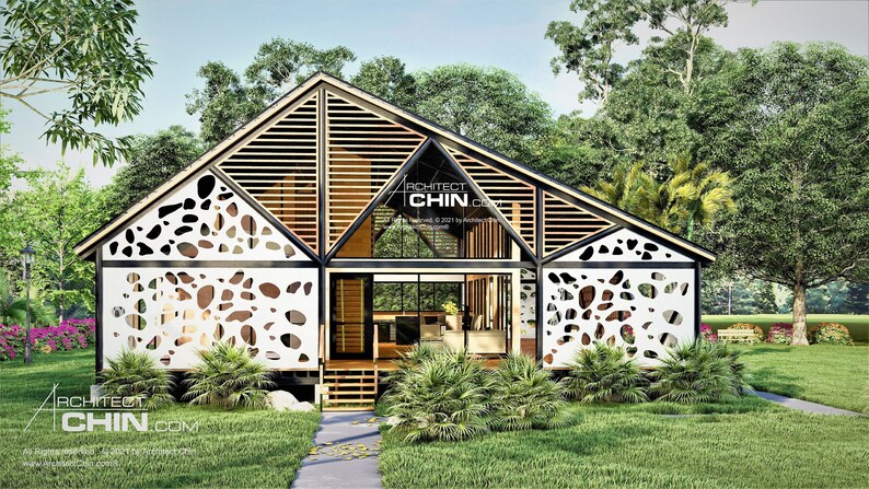 May include: A modern, triangular-shaped house with a black and white geometric pattern on the exterior walls. The house has a wooden roof and a large window in the front. The house is surrounded by lush green grass and trees.