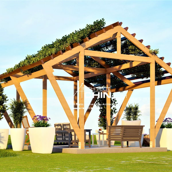 Pergola, Car Porch, 8’ W x 16’ L x 8’6”H, Cabana Plan, Gazebo Plan, Shed, Shelter, Green House Plan, Covered Porch, Hut, Shelter, Tool Shed