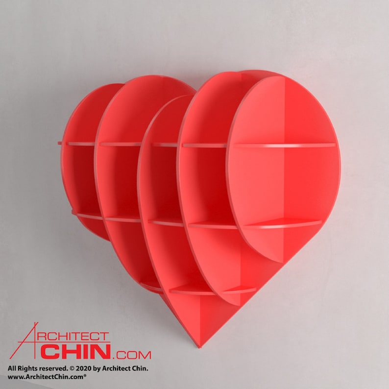 Pu&ograve; includere: Un ripiano a muro a forma di cuore rosso vivo con pi&ugrave; ripiani. Il ripiano &egrave; in legno e ha un design moderno.