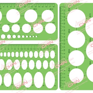 Cirkel- en ovale sjablonen, 3 PNG, ellipssjablonen, meetsjablonen, linialen, digitale tekening voor kantoor, school, tekensjablonen
