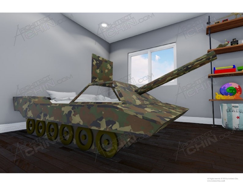 May include: A camouflage-patterned toy tank bed frame with a raised cannon. The bed frame has a white pillow and a clear window. The bed is in a room with a wooden floor and a window with a view of the sky.