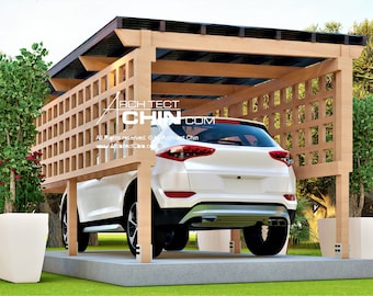 Pergola Car Porch Plan, 8’ x 16’ x 8’6” H (Digital Download)