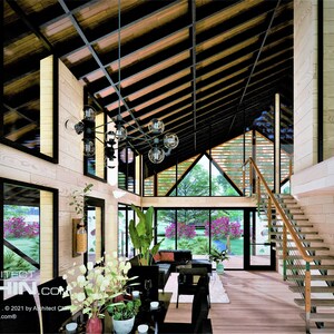 May include: A modern home interior with a high ceiling, wooden beams, and large windows. The living room features a black sofa, a coffee table, and a chandelier. There is a staircase leading to an upper level.