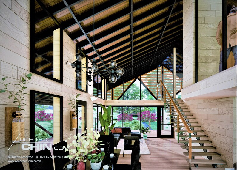 May include: A modern home interior with a high ceiling, wooden beams, and large windows. The living room features a black sofa, a coffee table, and a chandelier. There is a staircase leading to an upper level.