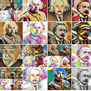 May include: A collage of 20 images of Albert Einstein, each with a different artistic style and colour scheme. Some images are realistic, while others are more abstract. The images are arranged in a grid pattern.