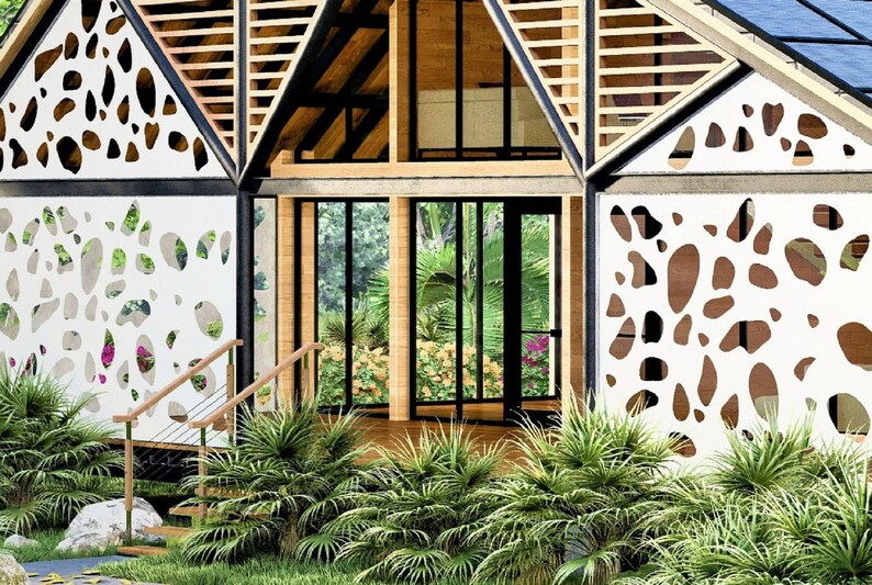 May include: A modern, sustainable home with a unique design featuring a white, geometric pattern on the exterior walls. The home has large windows and a wooden deck.