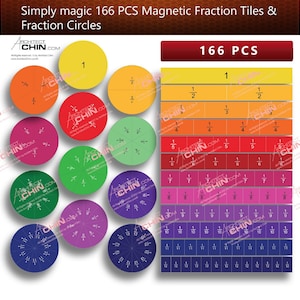May include: A set of 166 magnetic fraction tiles and circles for teaching maths concepts. The tiles are colour-coded and include fractions from 1/2 to 1/12. The set includes a chart showing the different fractions.