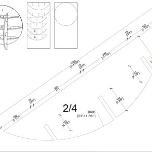 Pode incluir: Um desenho a preto e branco de um plano de carpintaria para uma unidade de prateleira curva. O plano inclui medidas em polegadas e p&eacute;s. O texto "2/4" e "R606 [R1-11 7/8"]" est&aacute; inclu&iacute;do no desenho.