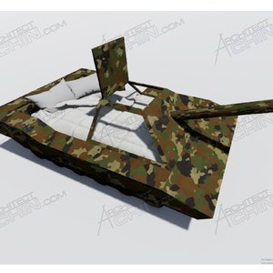 May include: A camouflage-patterned bed frame shaped like a tank with a white mattress and pillows. The bed frame has a raised cannon on the top.