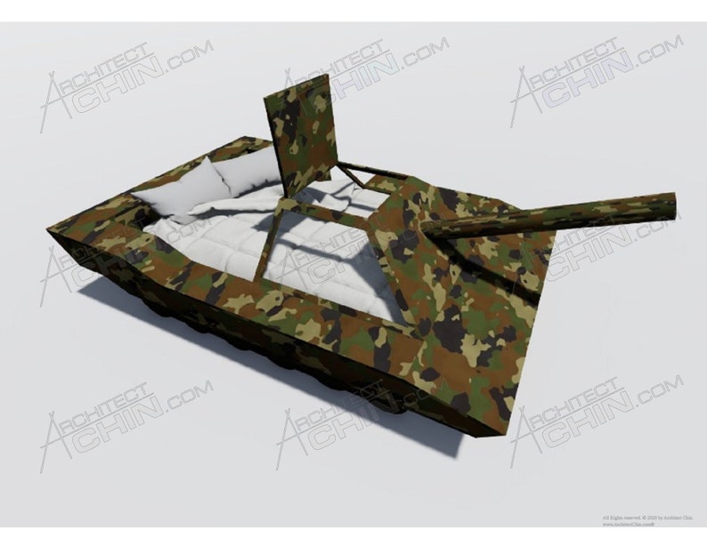 May include: A camouflage-patterned bed frame shaped like a tank with a white mattress and pillows. The bed frame has a raised cannon on the top.