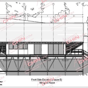May include: A black and white line drawing of a house on stilts. The house has a large window and a deck. The drawing is labeled "Front Side Elevation (House B) Marigold House".