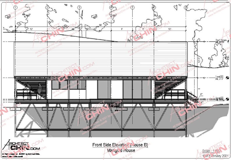 May include: A black and white line drawing of a house on stilts. The house has a large window and a deck. The drawing is labeled "Front Side Elevation (House B) Marigold House".