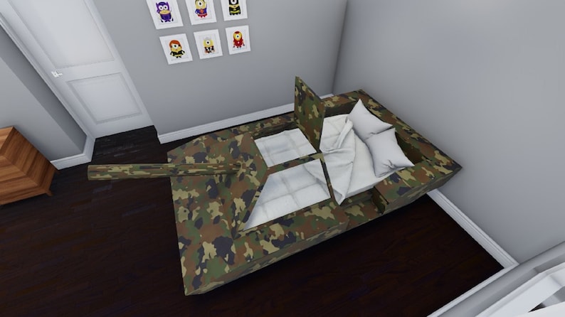 May include: Camouflage-patterned bed shaped like a tank with a white mattress and pillows. The bed has a raised section at the head and a cannon on the front.