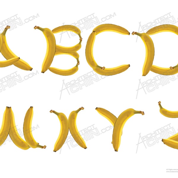 Banane Schrift / Buchstaben Alphabet | Alpha Pack Digital Download | Druckbare digitale Kunst / Clip Art / Frucht Schriftart / True Type Font