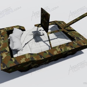 May include: A camouflage-patterned bed frame shaped like a tank with a white pillow and blanket inside. The tank has a raised cannon on the top.