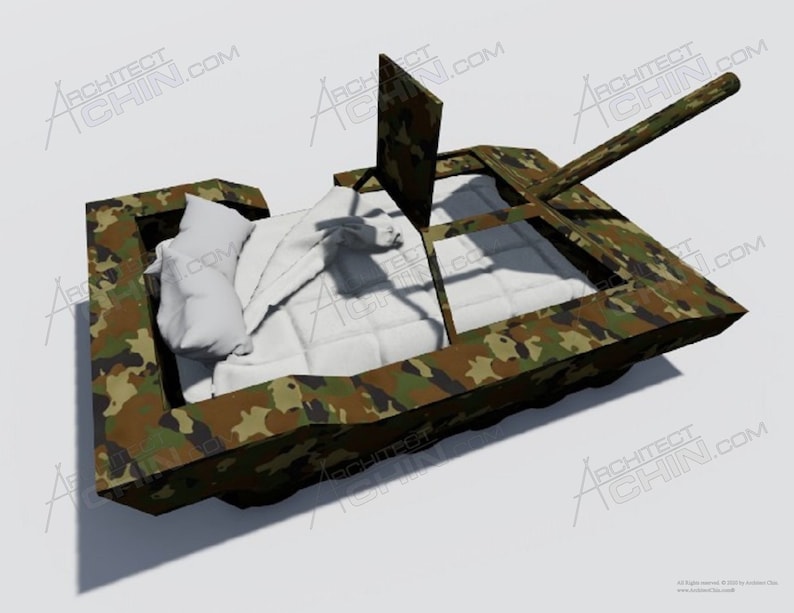 May include: A camouflage-patterned bed frame shaped like a tank with a white pillow and blanket inside. The tank has a raised cannon on the top.