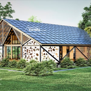 May include: A modern, single-story house with a solar panel roof and a white, patterned facade. The house is surrounded by lush greenery and palm trees.
