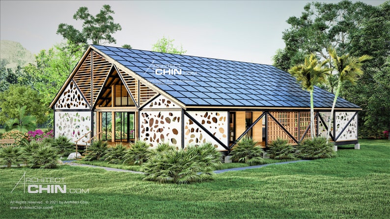 May include: A modern, single-story house with a solar panel roof and a white, patterned facade. The house is surrounded by lush greenery and palm trees.