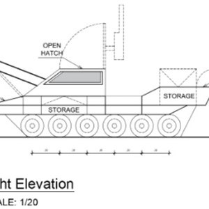 May include: A black and white line drawing of a military vehicle with a large cannon. The vehicle has a hatch labeled "Open Hatch" and several storage compartments. The drawing is labeled "1 - Right Elevation" and "SCALE: 1/20".