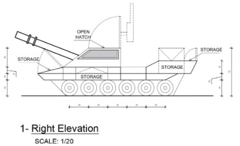 May include: A black and white line drawing of a military vehicle with a large cannon. The vehicle has a hatch labeled "Open Hatch" and several storage compartments. The drawing is labeled "1 - Right Elevation" and "SCALE: 1/20".