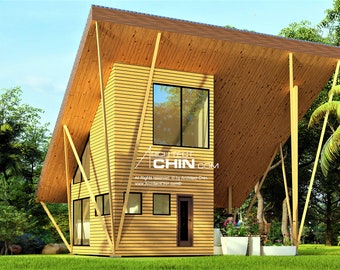 Cabin Plan, 16' x 24', 288 SF, 2 Levels, Loft Bed, Tiny House, Office Plan, DIY House Plan, A Frame House, Tiny House Plans, Cottage Plan