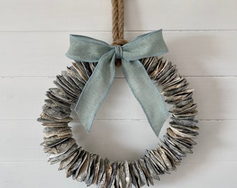 Grey Oyster Shell Wreath with duck egg blue ribbon- Coastal decor, Beach Decor, New Home Gift.