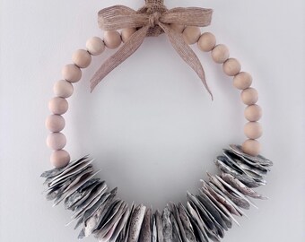 Grey Oyster Shell & Wooden Bead Wreath - Coastal / Beach decor / Bohemian / Gifts for the home / New home gift / Birthday gift