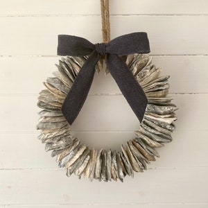 Grey Oyster Shell Wreath with denim blue ribbon - coastal wreath, coastal decor, beach theme decor, beach hut decor, coastal home