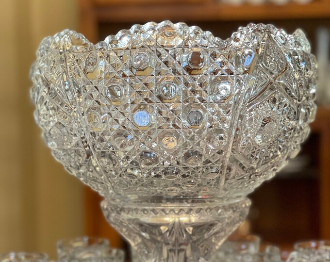 Vintage Crystal Punch Bowl Set 18 Matching Cups Pedestal Stand Daisy