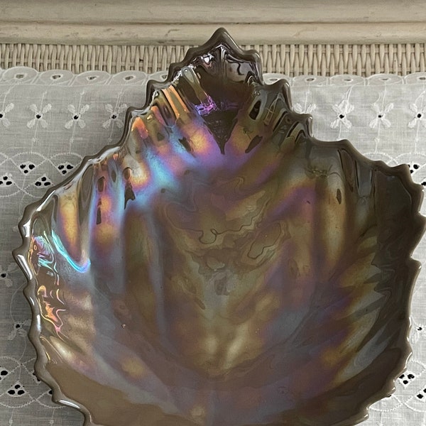 Vintage Fall Autumn Décor ~Murano Italy ~Yalos Casa ~Brown ~Iridescent ~Art Glass ~Leaf Dish Plate Bowl ~Centerpiece ~Housewarming Gift