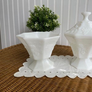 SALE: White Milk Glass Footed Candy Dish with Lid ~ Anchor Hocking Trinket Dish ~ Harvest Grape Design