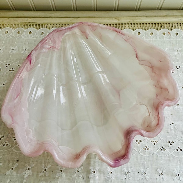 Art Glass Seashell Dish ~ Swirled Pattern ~ Purple + White ~ Clamshell ~ Home Bathroom Décor ~ Decorative ~ Beach House ~ Ocean Coastal