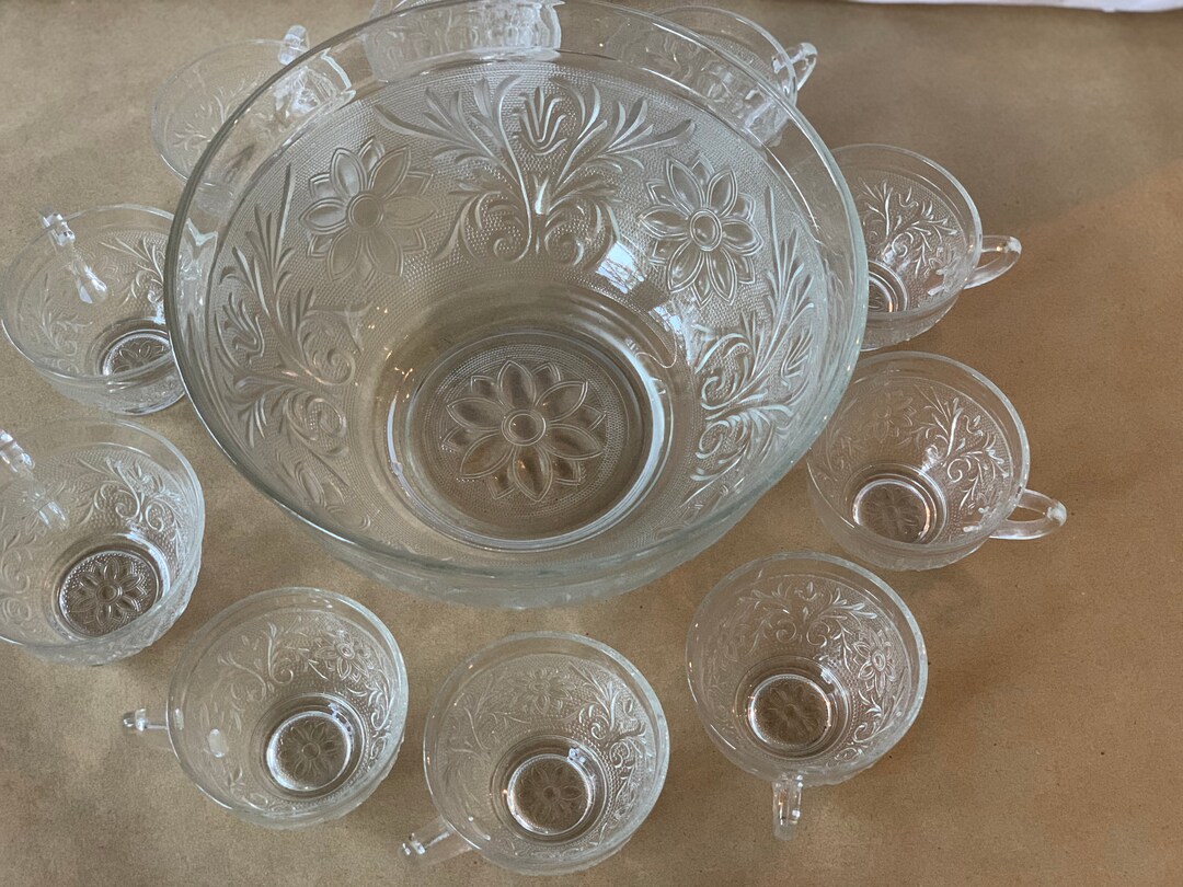 Floral Daisy Pattern Mini Punch Bowl Set Clear Glass Bowl Etsy 日本