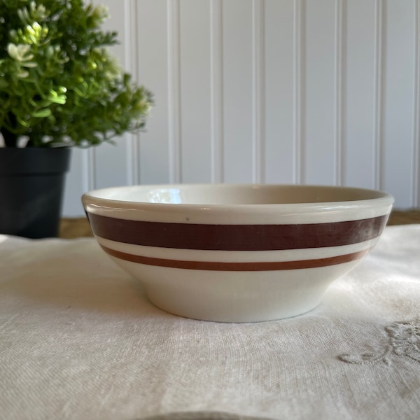 Stoneware Bowl. Cream Color with Brown Stripes. Vintage Homer Laughlin.