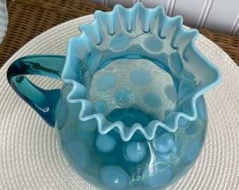Vintage Fenton Coin Spot Pitcher – Opalescent Blue Glass